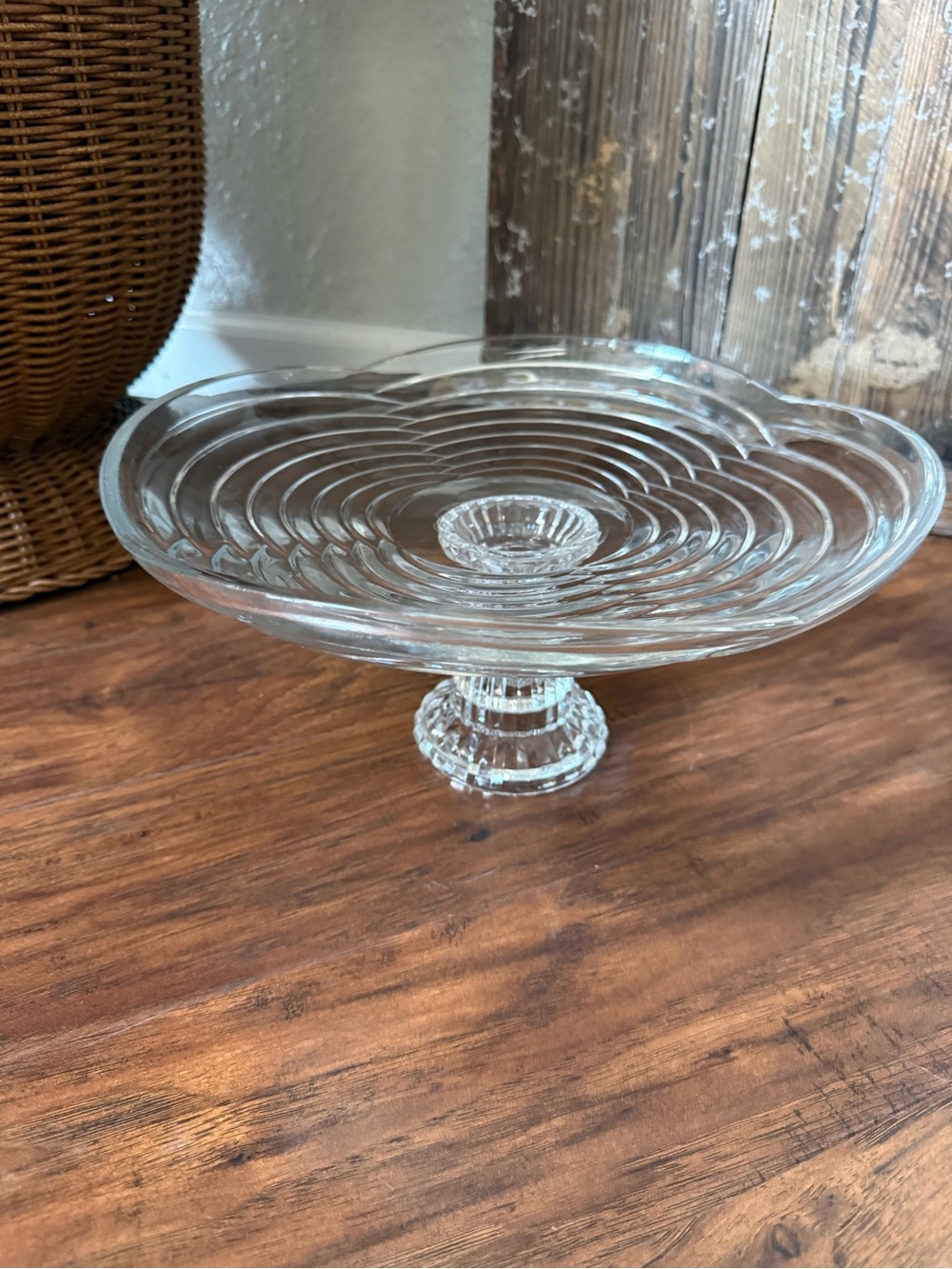 Vintage 1950s Clear Glass Cake Stand with Scalloped Rim & Concentric Rings